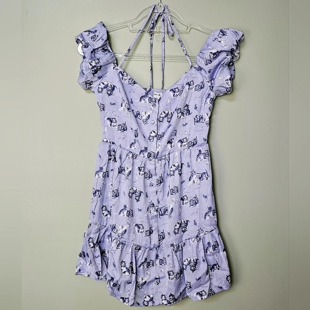 Kimchi Blue Courtney Cold Shoulder Mini Ruffle Halter Dress, Blue Cats Multi, S